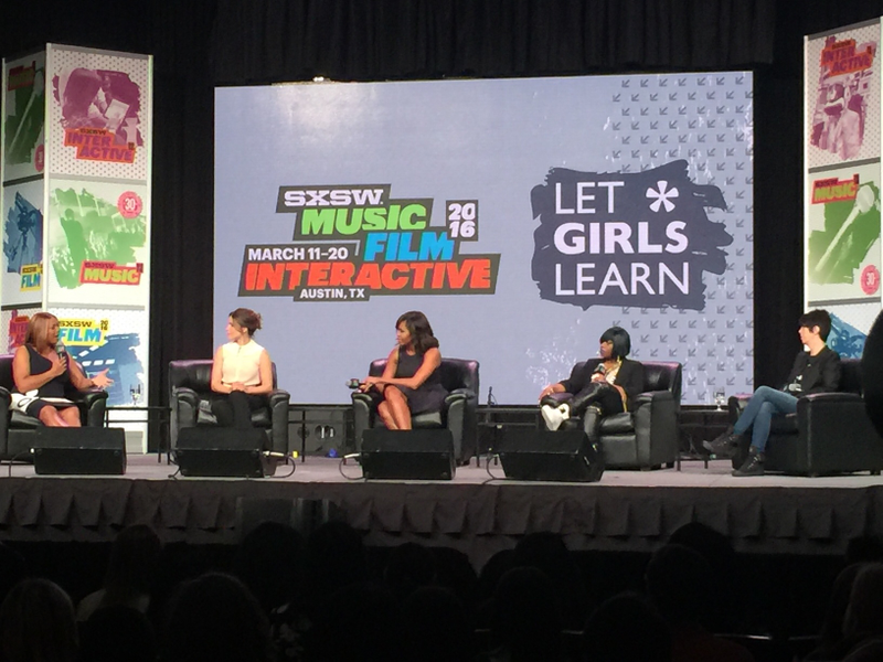 Michelle Obama, center, with (from left) Queen Latifah, Sophia Bush, Missy Elliott, and Diane Warren at the Let Girls Learn keynote.